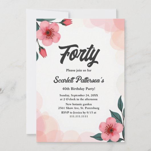 エレガントほこりっぽいピンク色のフローラ40th誕生日 招待状 (正面)
