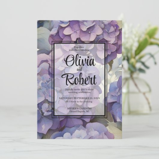 エレガントほこりっぽい紫の水色のフローラ結婚 招待状 (スタンド正面)