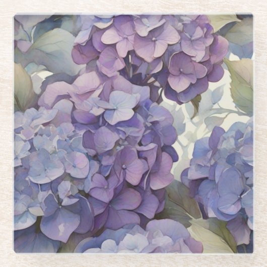 エレガントほこりっぽい紫の青い水色アジサイ ガラスコースター (正面)