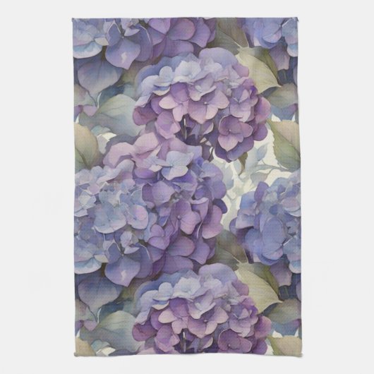 エレガントほこりっぽい紫の青い水色アジサイ キッチンタオル (縦)