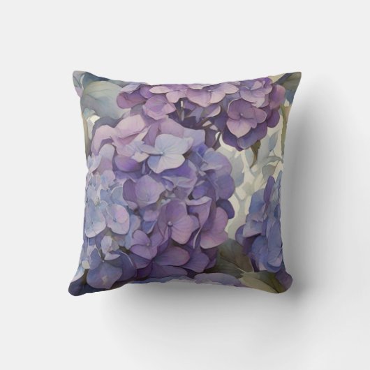 エレガントほこりっぽい紫の青い水色アジサイ クッション (裏面)