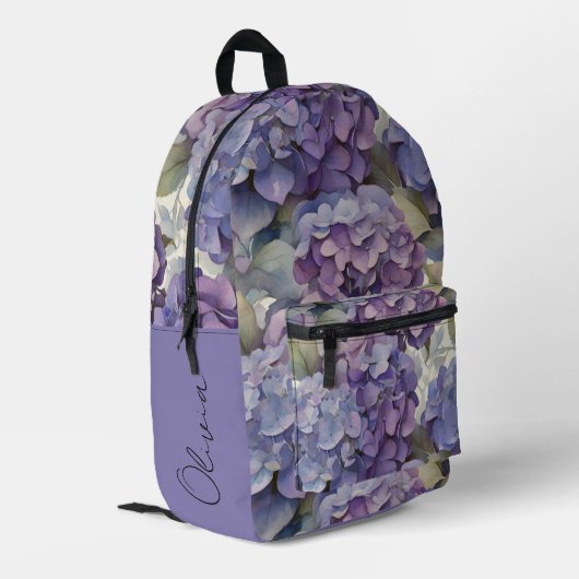 エレガントほこりっぽい紫の青い水色アジサイ プリントバックパック (裏面左端)