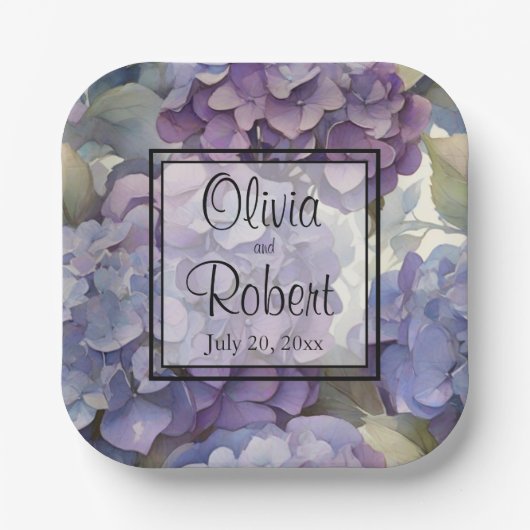 エレガントほこりっぽい紫の青い水色アジサイ ペーパープレート (正面)