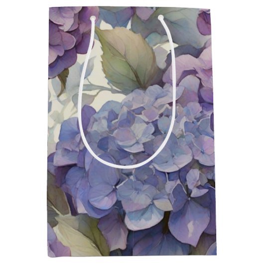 エレガントほこりっぽい紫の青い水色アジサイ ミディアムペーパーバッグ (正面)