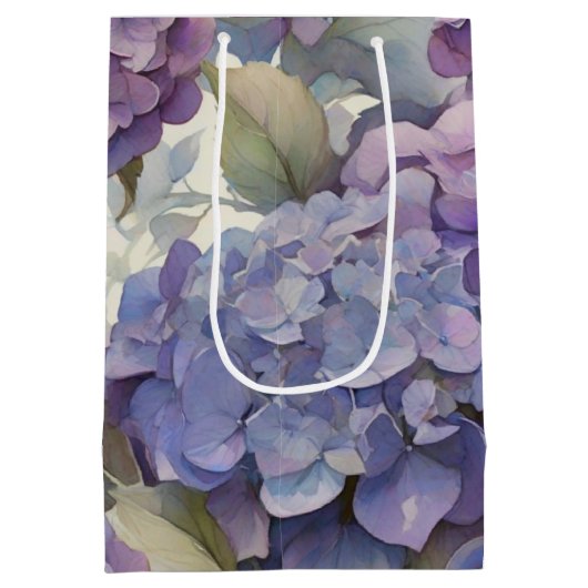 エレガントほこりっぽい紫の青い水色アジサイ ミディアムペーパーバッグ (裏面)