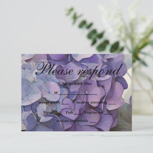 エレガントほこりっぽい紫の青い水色アジサイ 出欠カード (スタンド正面)