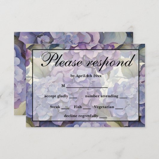 エレガントほこりっぽい紫の青い水色アジサイ 出欠カード (正面/裏面)