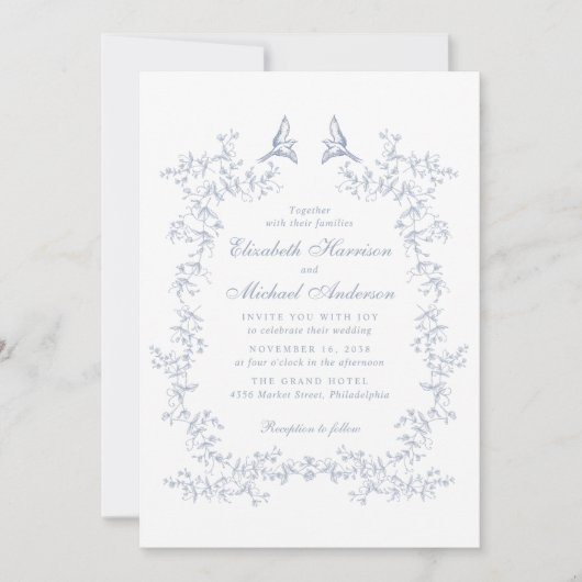 エレガントほこりっぽい青いシノワズリ結婚の水色 招待状 (正面)