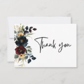 エレガントほこりっぽい青いネイビー結婚ブルゴーニュフローラ サンキューカード (正面)