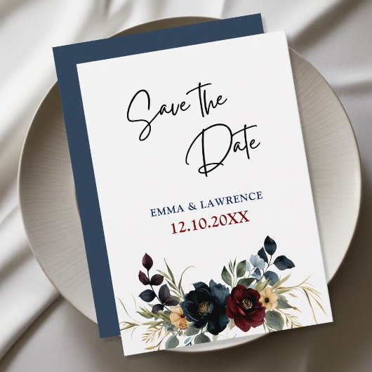 エレガントほこりっぽい青いネイビー結婚ブルゴーニュフローラ セーブザデート