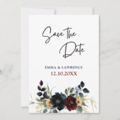 エレガントほこりっぽい青いネイビー結婚ブルゴーニュフローラ セーブザデート (正面)