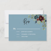 エレガントほこりっぽい青いネイビー結婚ブルゴーニュフローラ 出欠カード (正面)
