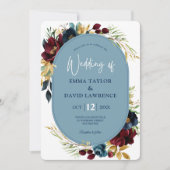 エレガントほこりっぽい青いネイビー結婚ブルゴーニュフローラ 招待状 (正面)