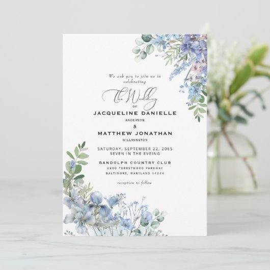 エレガントほこりっぽい青いフローラの結婚葉 招待状 (スタンド正面)