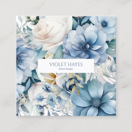 エレガントほこりっぽい青いフローラの花カスタムの花 スクエア名刺 (正面)