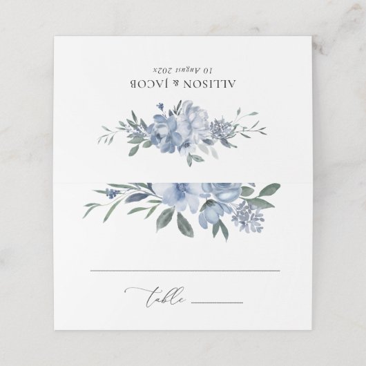 エレガントほこりっぽい青いフローラ折り結婚返し プレイスカード (外部開封)