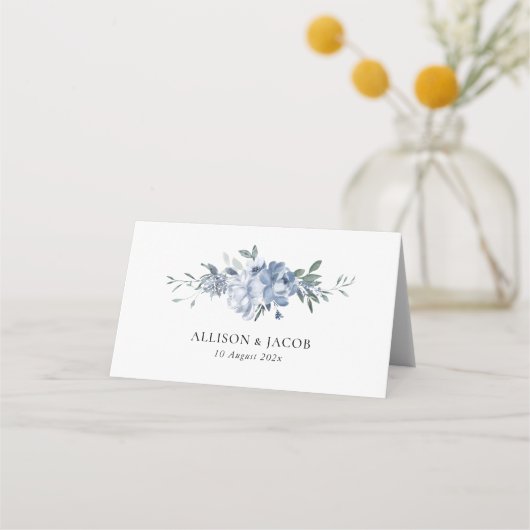 エレガントほこりっぽい青いフローラ折り結婚返し プレイスカード (裏面)