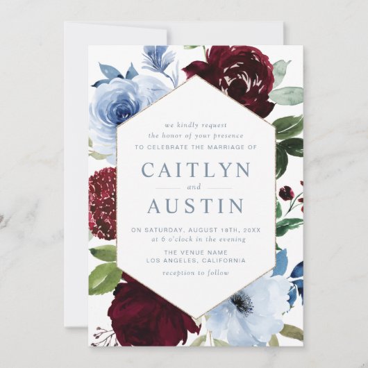 エレガントほこりっぽい青いブルゴーニュ結婚ーの花 招待状 (正面)