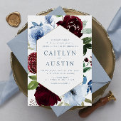 エレガントほこりっぽい青いブルゴーニュ結婚ーの花 招待状
