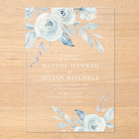 エレガントほこりっぽい青い水の色のフローラ結婚 アクリル招待状 (正面)
