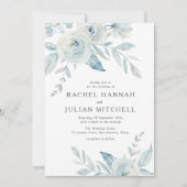エレガントほこりっぽい青い水の色のフローラ結婚 招待状 (正面)