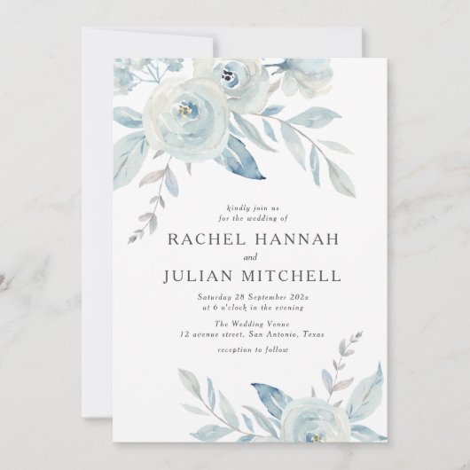 エレガントほこりっぽい青い水の色のフローラ結婚 招待状 (正面)