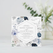 エレガントほこりっぽい青い水の色のフローラ結婚 招待状 (スタンド正面)