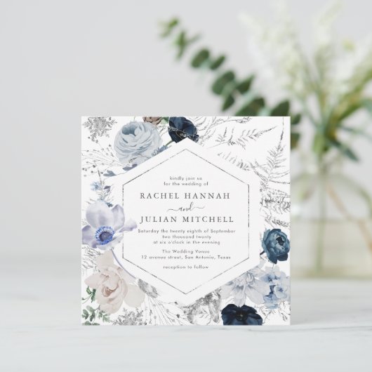 エレガントほこりっぽい青い水の色のフローラ結婚 招待状 (スタンド正面)