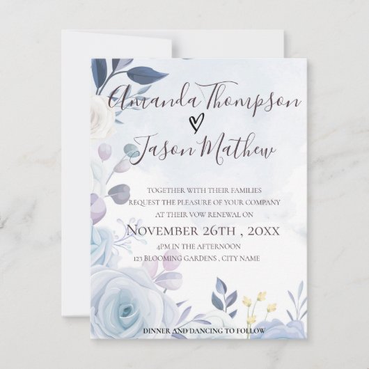 エレガントほこりっぽい青い水彩フローラ誓の更新 招待状 (正面)