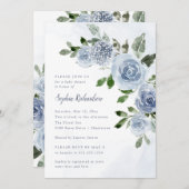 エレガントほこりっぽい青い水色のフローラ赤ちゃんシャワー 招待状 (正面/裏面)