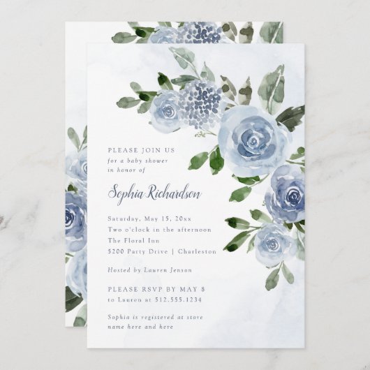 エレガントほこりっぽい青い水色のフローラ赤ちゃんシャワー 招待状 (正面/裏面)
