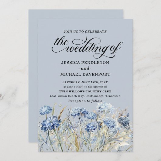 エレガントほこりっぽい青い水色のワイルドフラワー結婚ズ 招待状 (正面/裏面)