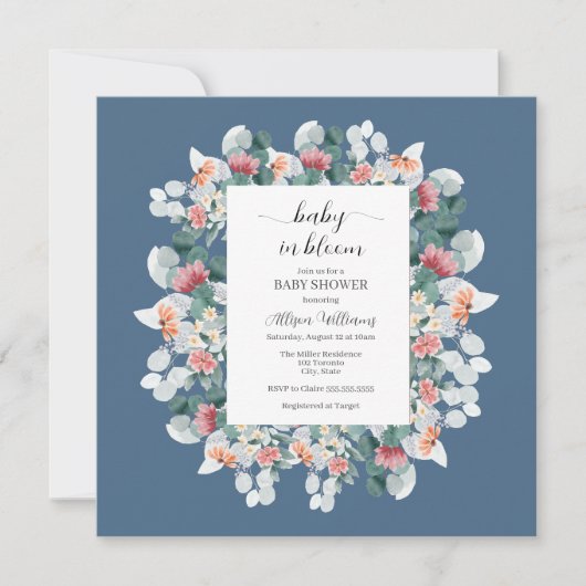 エレガントほこりっぽい青い水色の赤ちゃんシャワー 招待状 (正面)