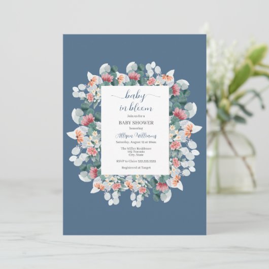 エレガントほこりっぽい青い水色の赤ちゃんシャワー 招待状 (スタンド正面)