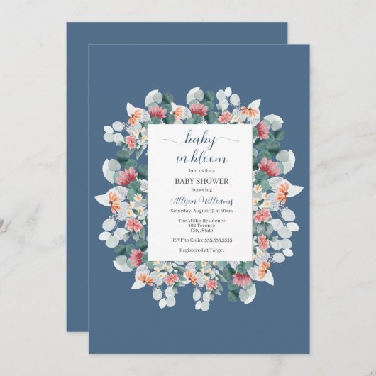 エレガントほこりっぽい青い水色の赤ちゃんシャワー 招待状 (正面/裏面)