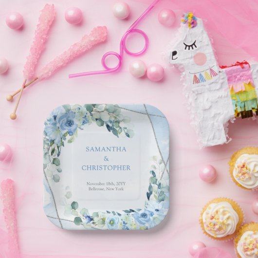 エレガントほこりっぽい青い水色フローラ銀枠 ペーパープレート (パーティー)