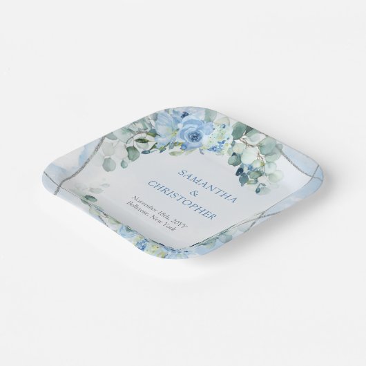 エレガントほこりっぽい青い水色フローラ銀枠 ペーパープレート (傾斜あり)