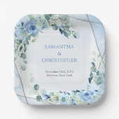 エレガントほこりっぽい青い水色フローラ銀枠 ペーパープレート (正面)