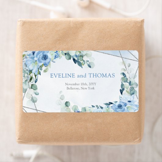 エレガントほこりっぽい青い水色フローラ銀枠 ラベル (インサイチュ)