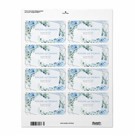 エレガントほこりっぽい青い水色フローラ銀枠 ラベル (フルシート)