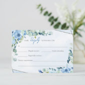 エレガントほこりっぽい青い水色フローラ銀枠 出欠カード (スタンド正面)