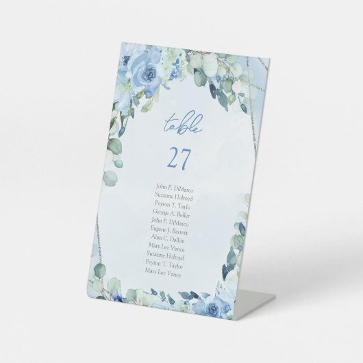 エレガントほこりっぽい青い水色フローラ銀枠 台座サイン (正面)