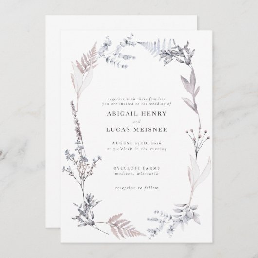 エレガントほこりっぽい青い灰色の野結婚花 招待状 (正面/裏面)