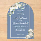 エレガントほこりっぽい青い白い結婚バラ アクリル招待状 (正面)