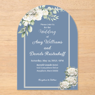 エレガントほこりっぽい青い白い結婚バラ アクリル招待状