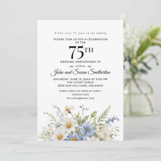 エレガントほこりっぽい青い白い花75周年 招待状 (スタンド正面)