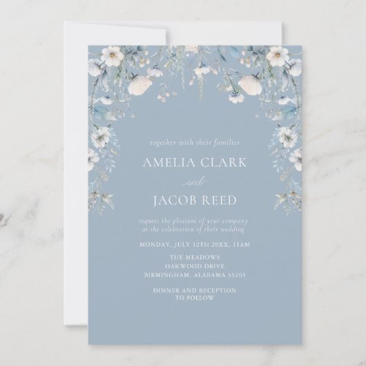 エレガントほこりっぽい青い花フローラ結婚写真 招待状 (正面)