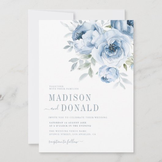 エレガントほこりっぽい青い花結婚式招待状 招待状 (正面)