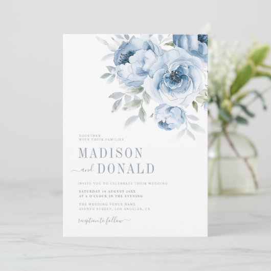 エレガントほこりっぽい青い花結婚式招待状 招待状 (スタンド正面)