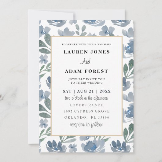 エレガントほこりっぽい青い花結婚柄 招待状 (正面)
